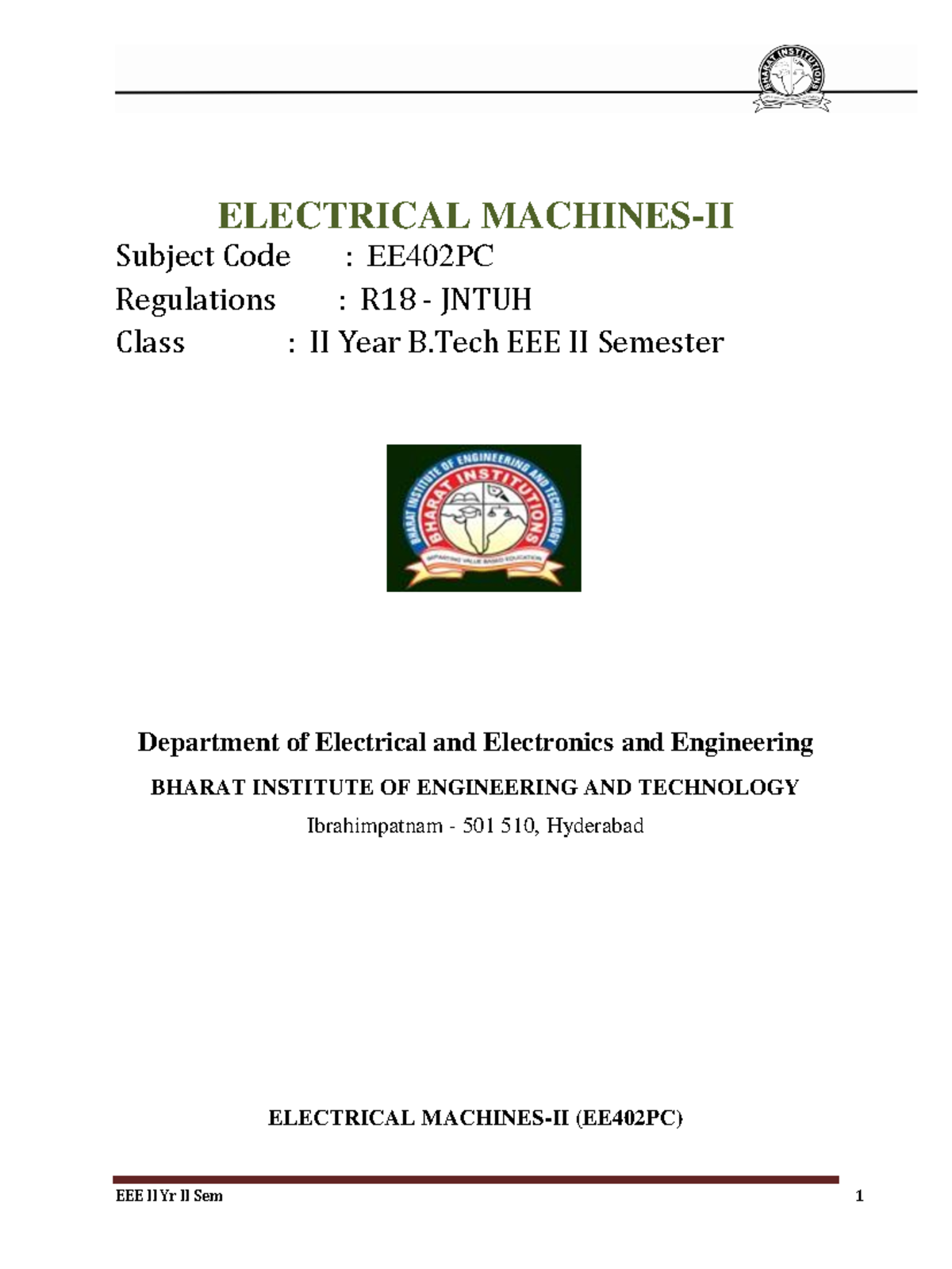 EEE-II-EM2 - Good - ELECTRICAL MACHINES-II Subject Code : EE402PC ...