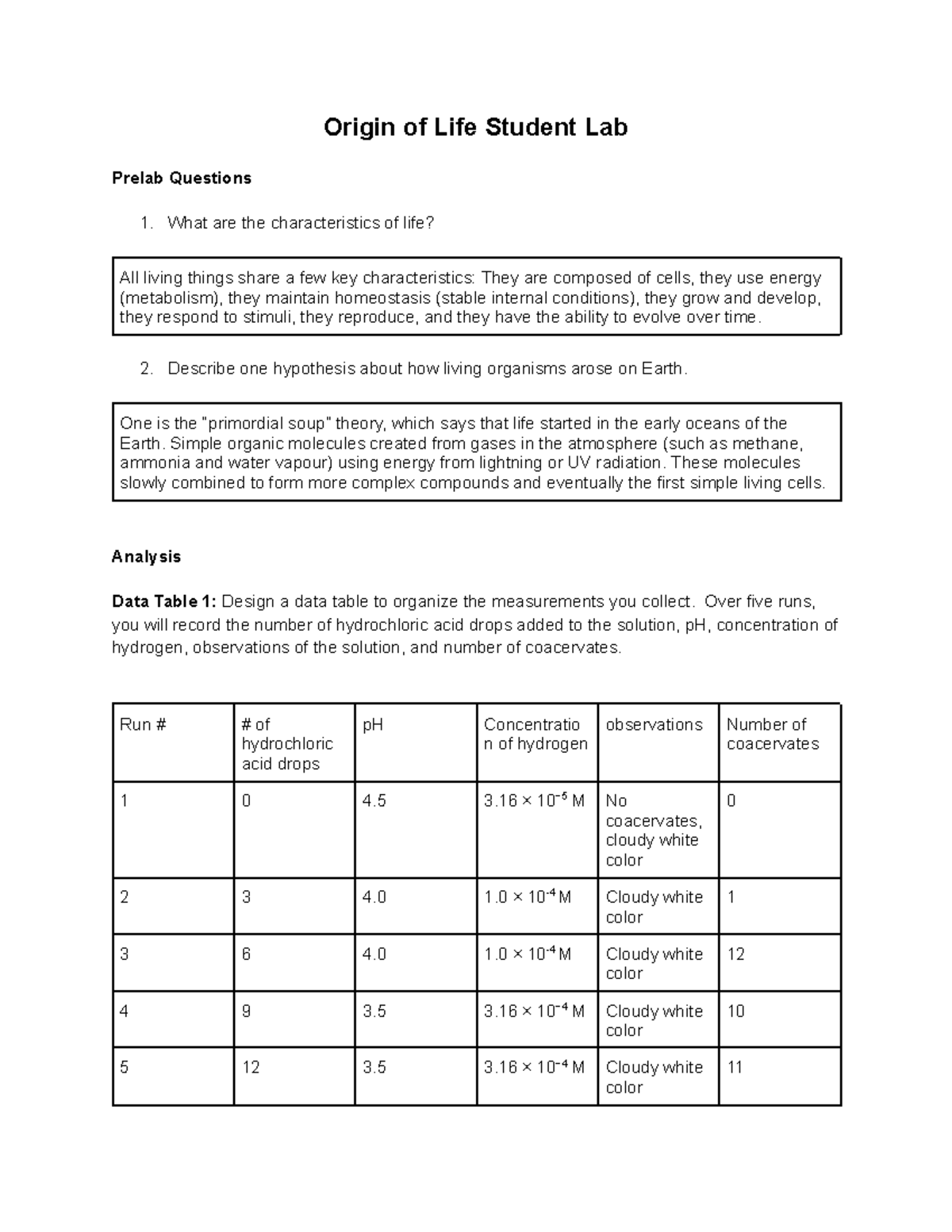 Origin of Life Lab Prelab Questions (Course Code: 7) - Studocu