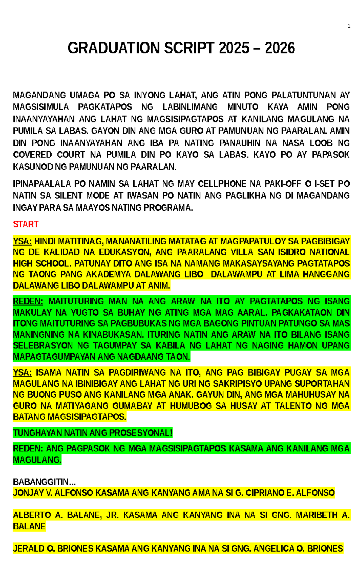 Graduation Script 2025-2026: Villa San Isidro National High School ...