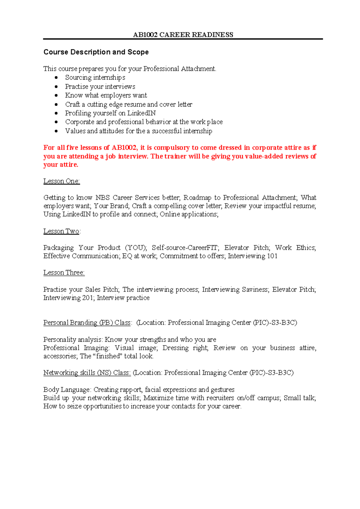 AB1002 Career Readiness Course Outline for Sem 1 AY2019-20 - Studocu