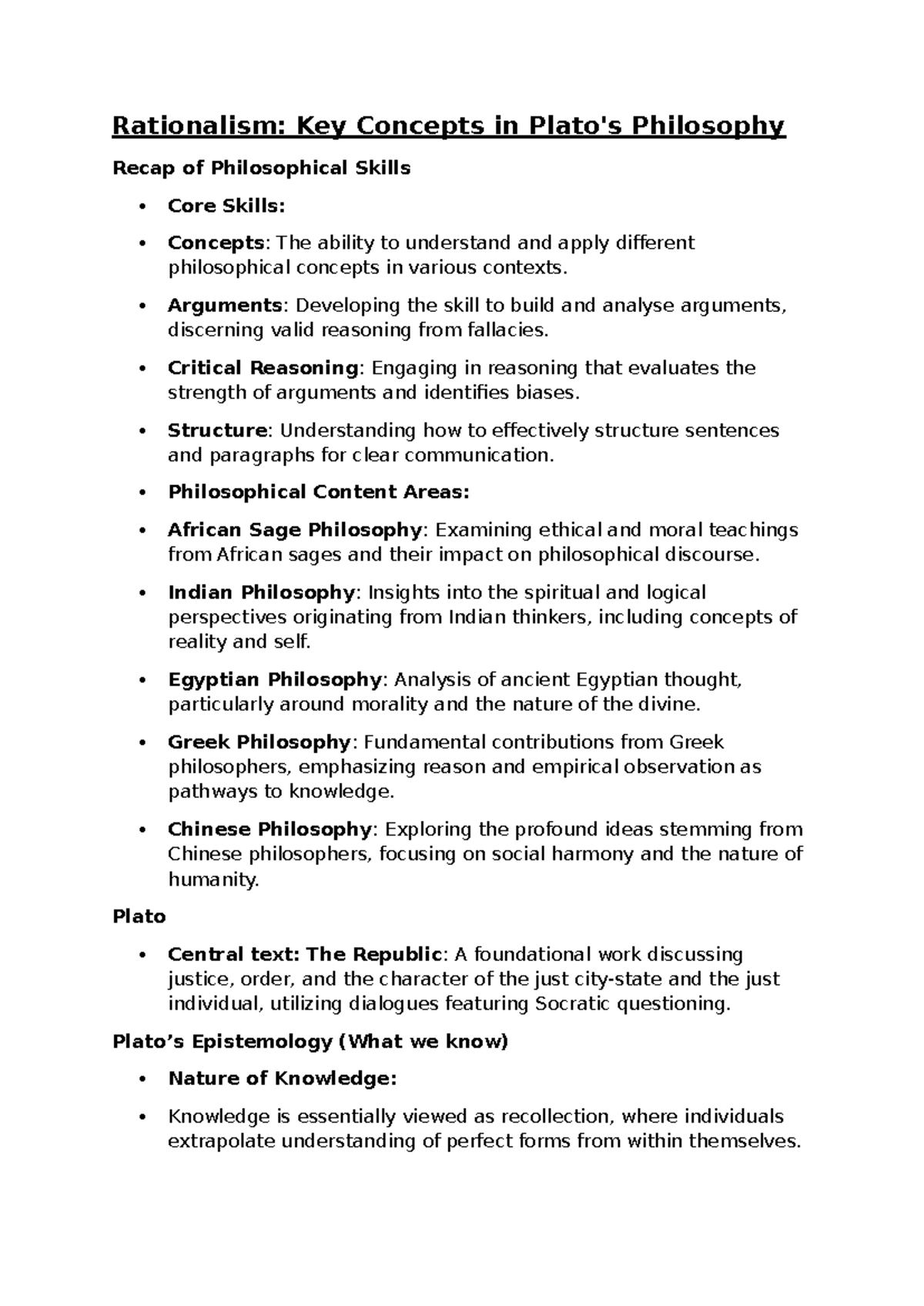 PHIL 101: Week 5 Notes - Summary of Rationalism & Key Concepts - Studocu