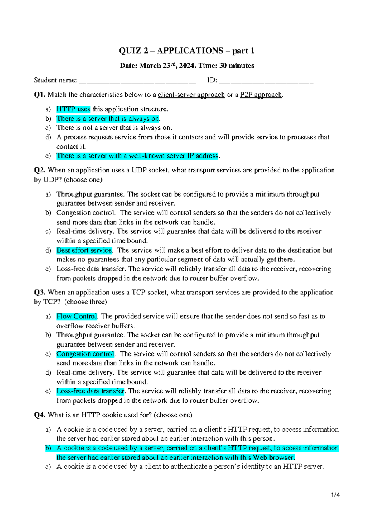 QUIZ 2 - APPLICATIONS: Answers on Client-Server vs P2P Approaches - Studocu