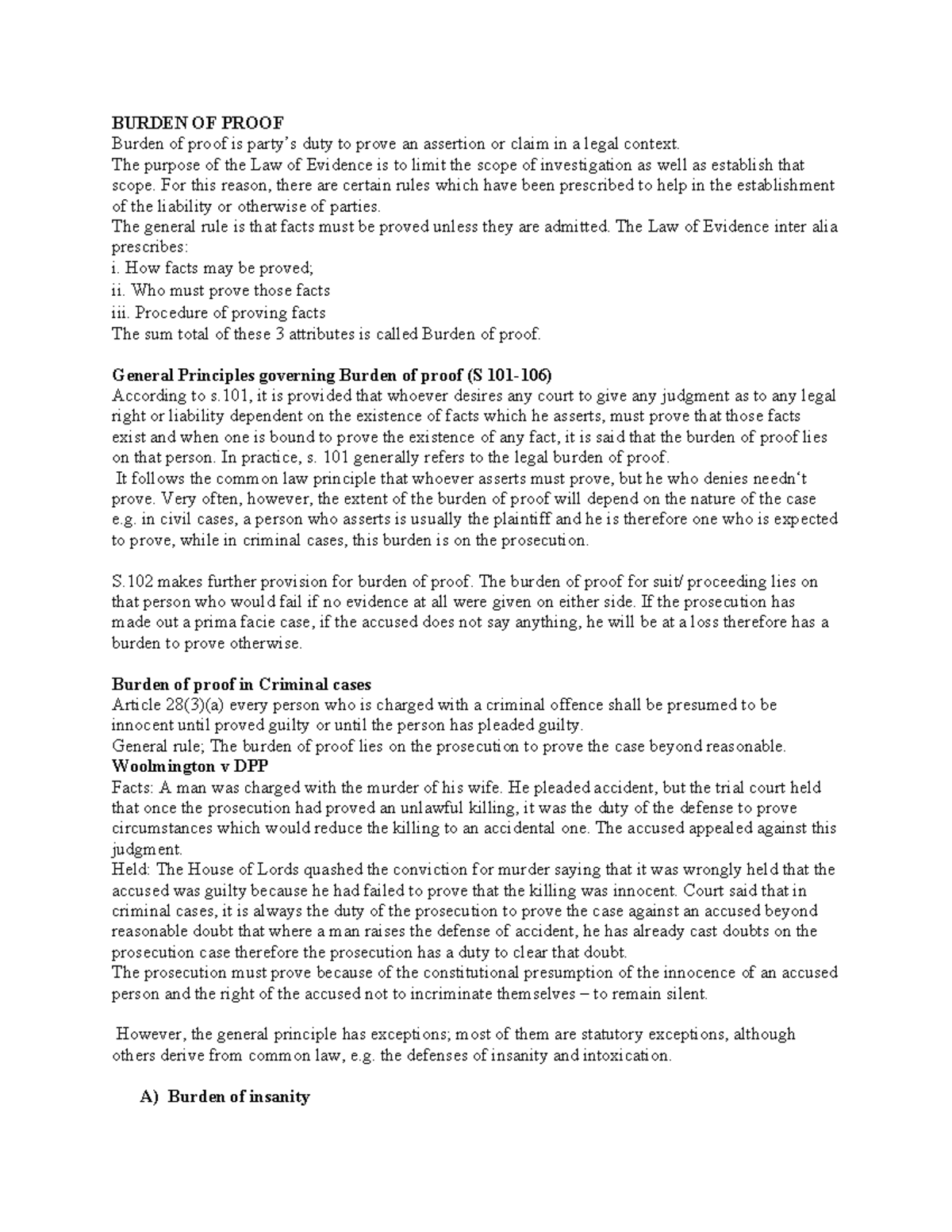 LAW 101: Understanding the Burden of Proof in Legal Contexts - Studocu