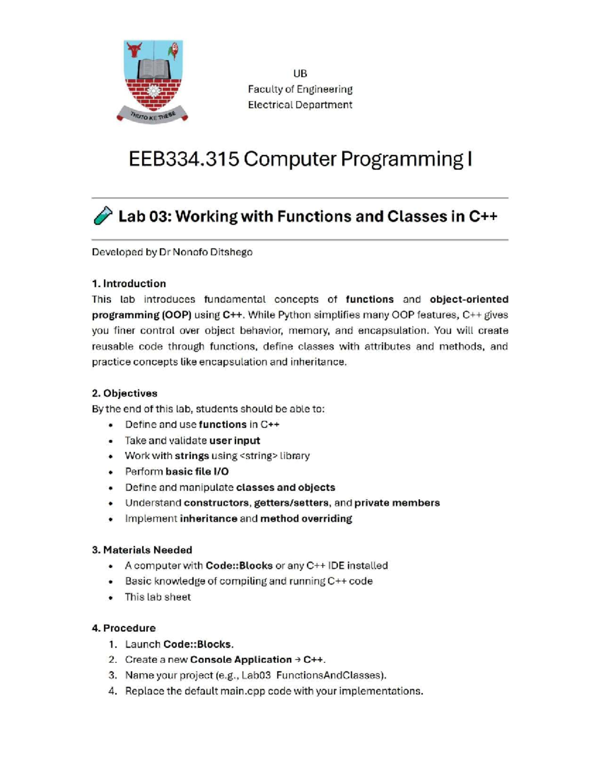 EEB334.315 Computer Programming I Lab 03: Functions & Classes - Studocu
