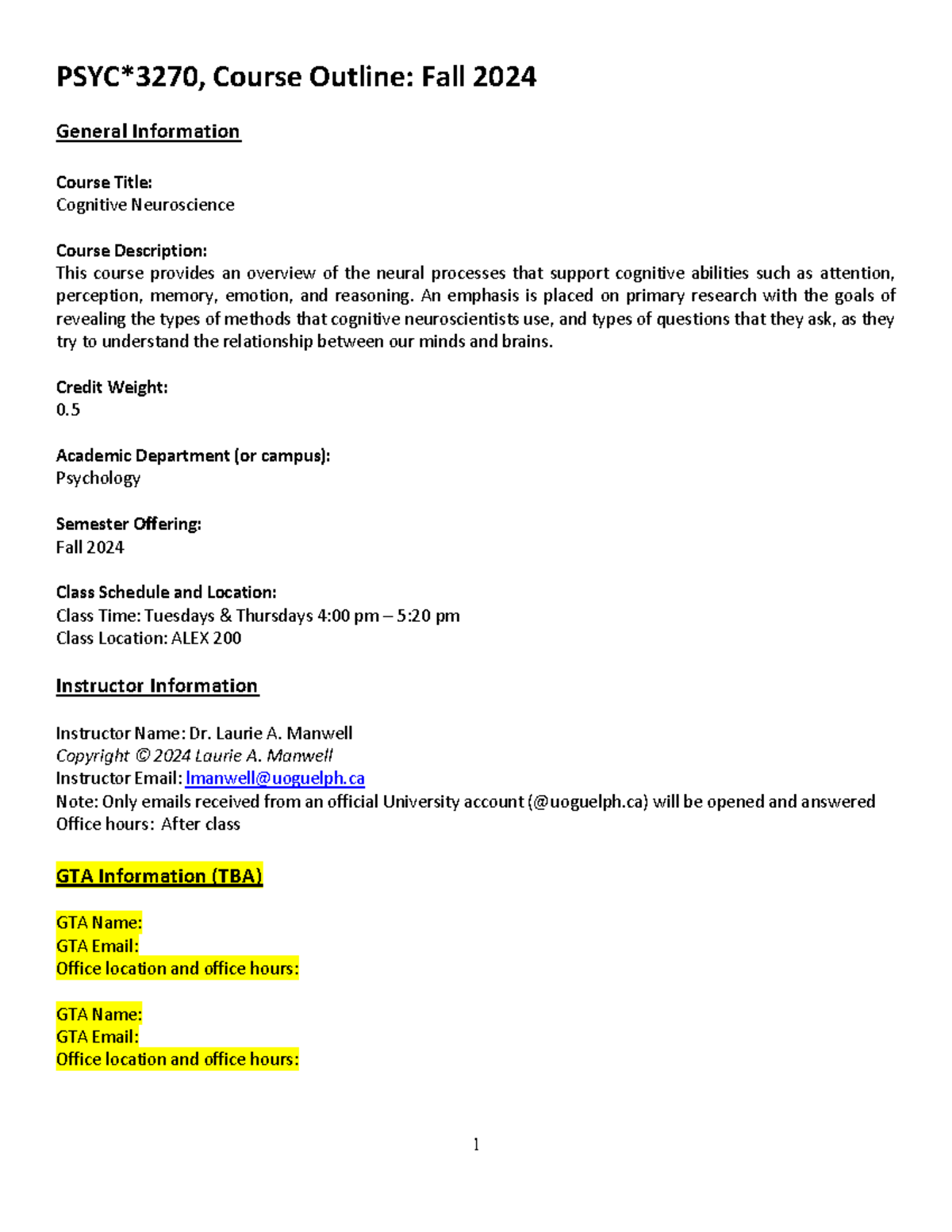 PSYC3270 - Cognitive Neuroscience Course Outline for Fall 2024 - Studocu