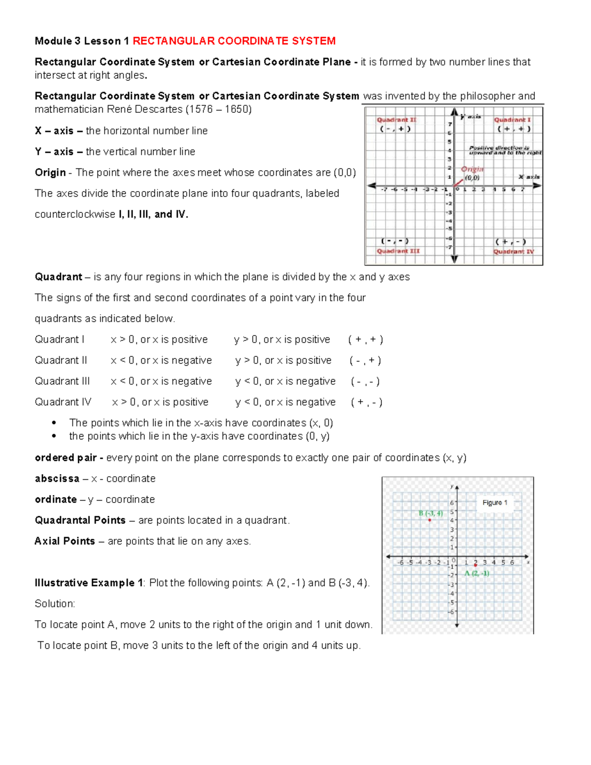 Module 3 Lesson 1 Rectangular Coordinate System - Module 3 Lesson 1 ...