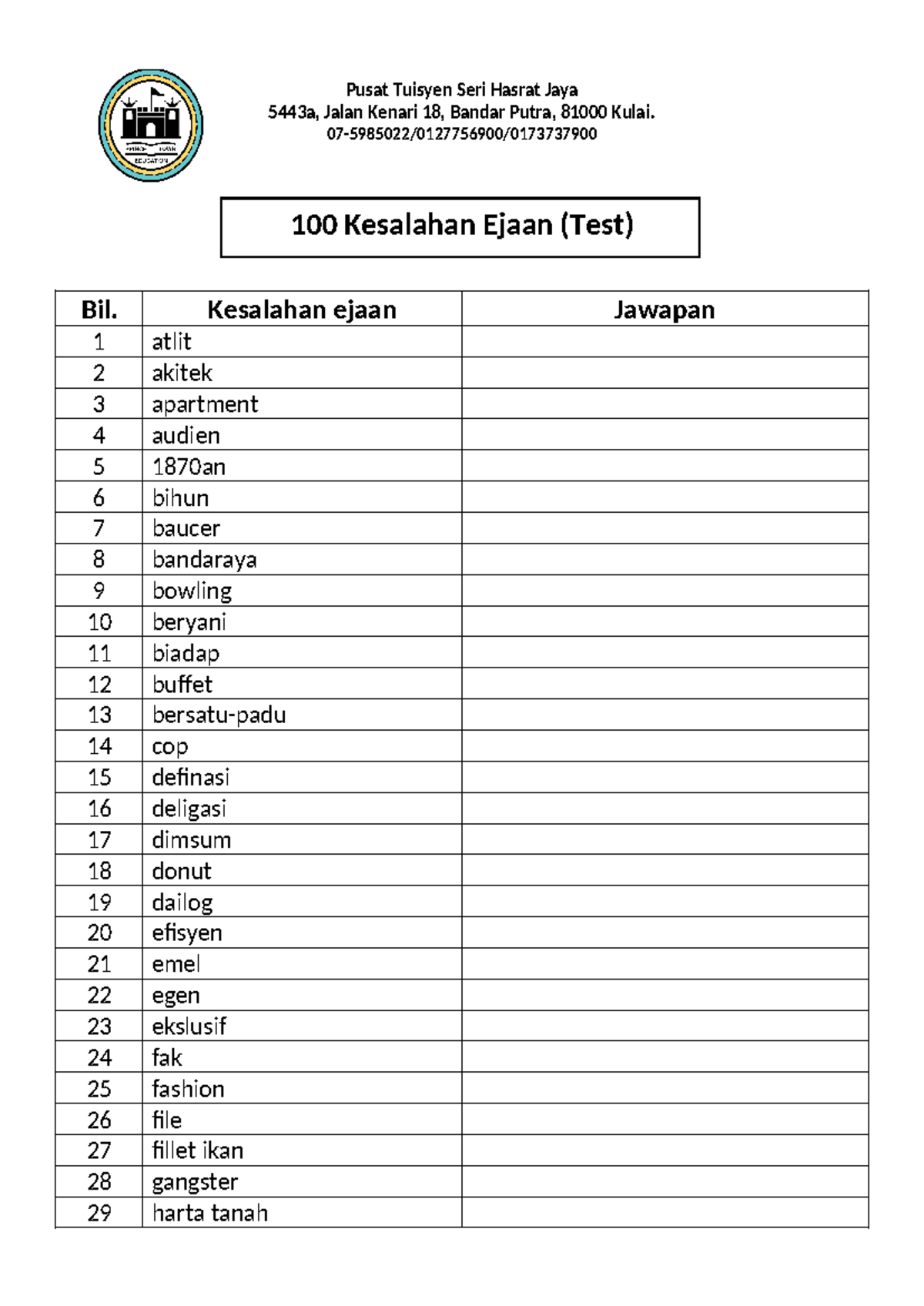 100 Kesalahan Ejaan (Test) - Pusat Tuisyen Seri Hasrat Jaya - Studocu