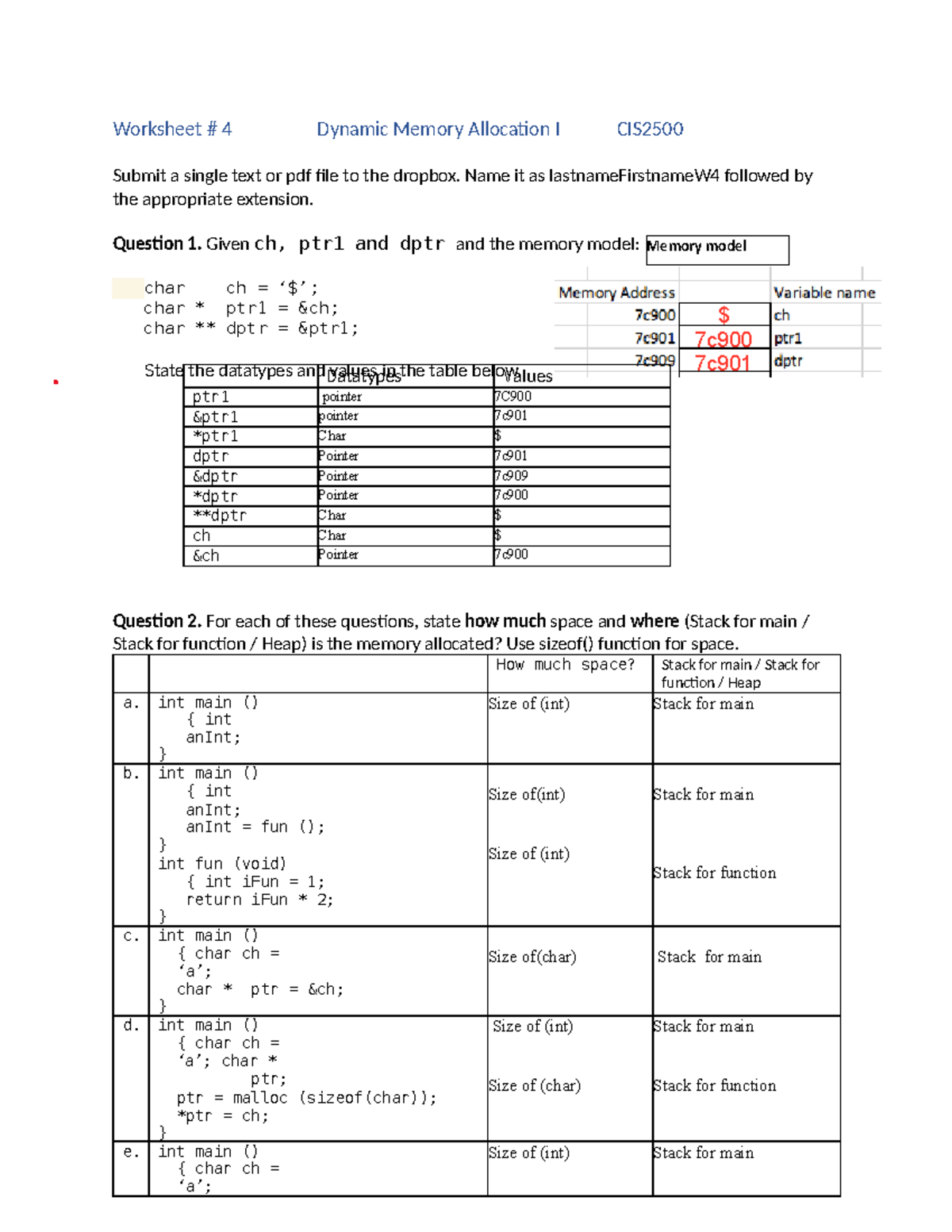CIS Final Exam Worksheet 4: Dynamic Memory Allocation Guide - Studocu