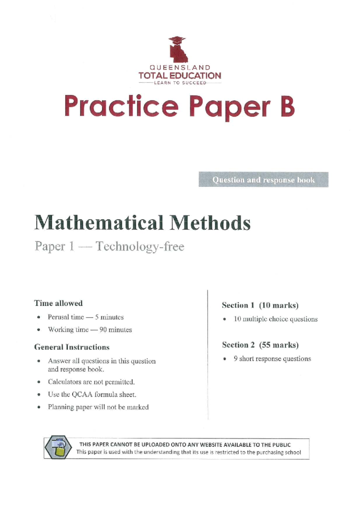 QLD Total Education Mathematical Methods: Practice Paper B - Studocu