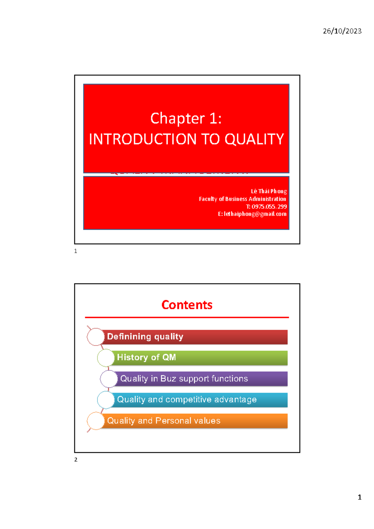 QM-c1-introduction to quality handout - QUALITY MANAGEMENT: Dr Le Thai ...
