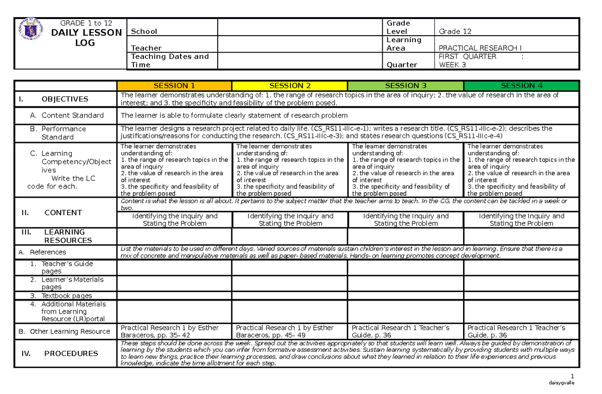 Week 3 - Practical Research I Daily Lesson Log (DLL) - Studocu