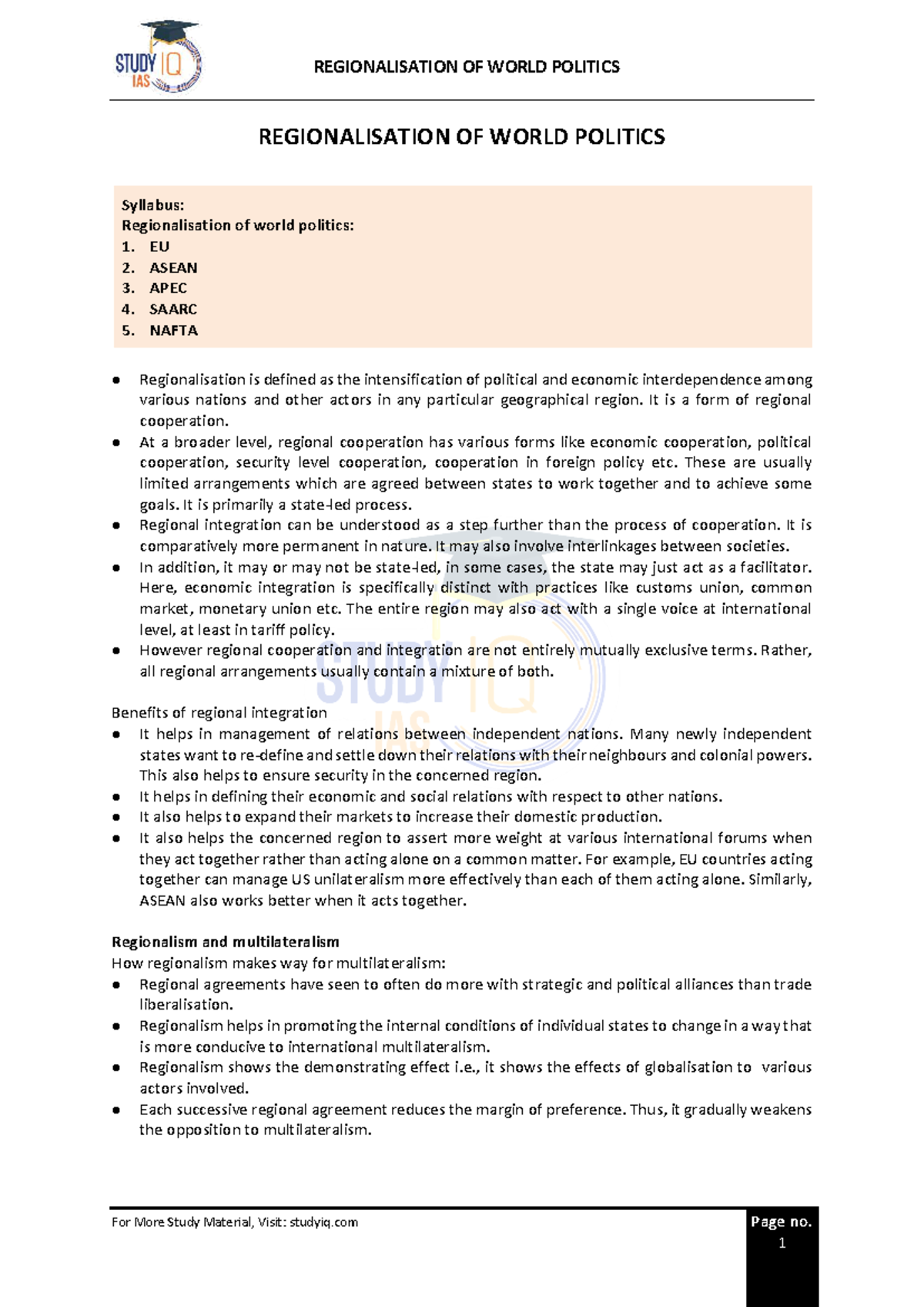 REGIONALISATION OF WORLD POLITICS: A Comprehensive Overview (Course ...