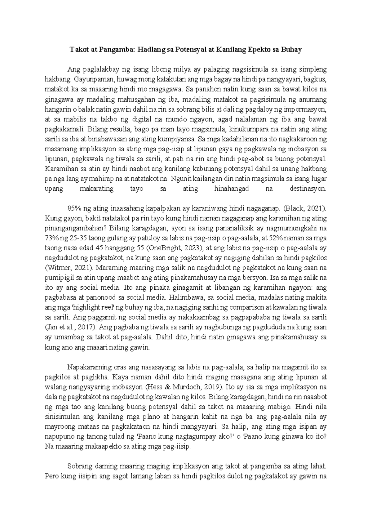 Filkom Peer review Final - Takot at Pangamba: Hadlang sa Potensyal at ...