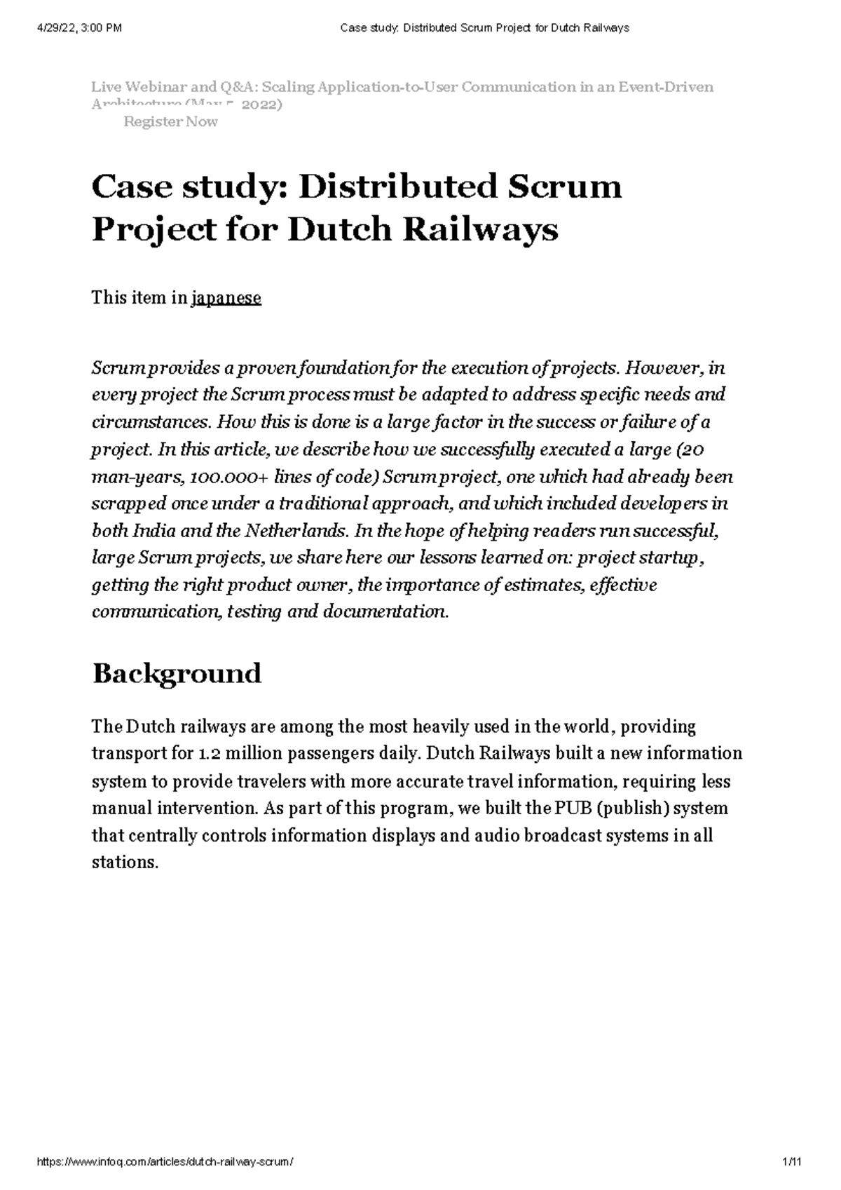 Case Study: Distributed Scrum Project for Dutch Railways (3:00 PM ...