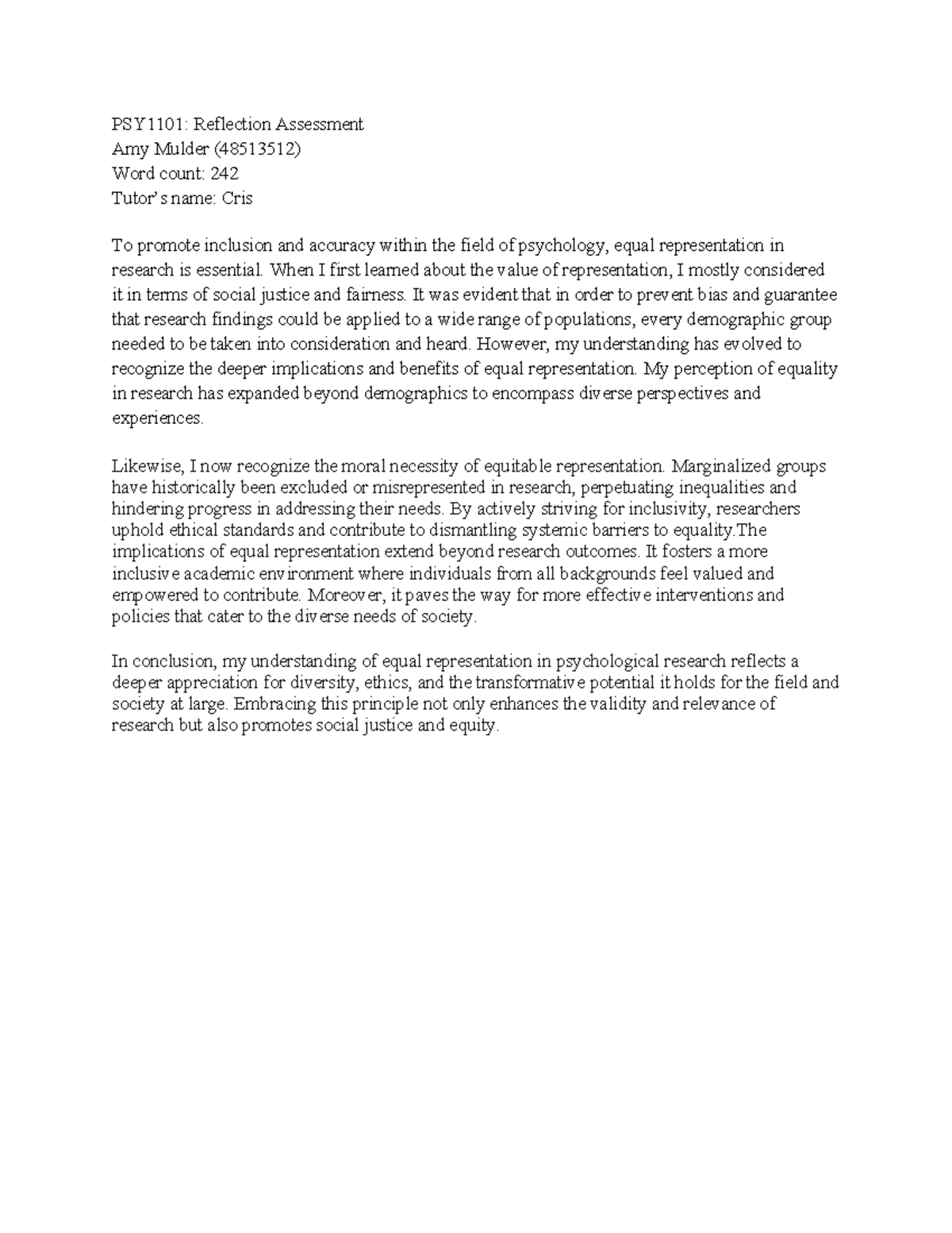 Reflection - When I first learned about the value of representation, I ...