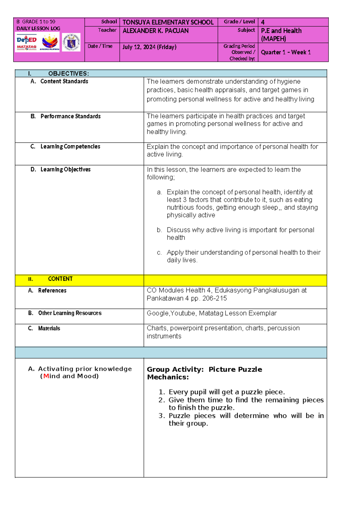 B GRADE 4 P.E. & Health Daily Lesson Log - Hygiene & Wellness (Q1 W1 ...