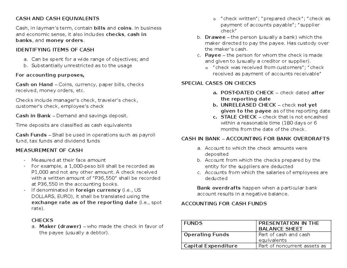 CASH AND CASH EQUIVALENTS: Comprehensive Review Notes for ACC 101 - Studocu