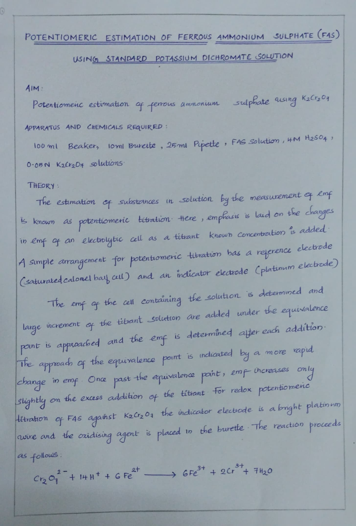 Potentiometric Estimation of Ferrous Ammonium Sulphate (FAS) - Studocu
