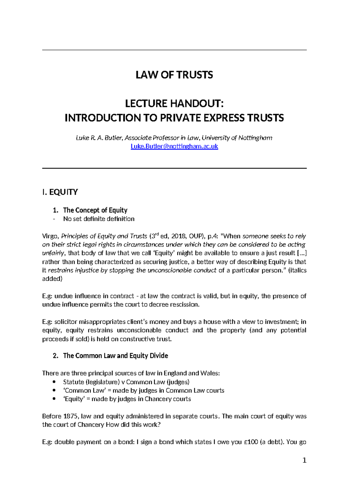 LAW OF TRUSTS LECTURE HANDOUT: INTRODUCTION TO PRIVATE EXPRESS TRUSTS ...