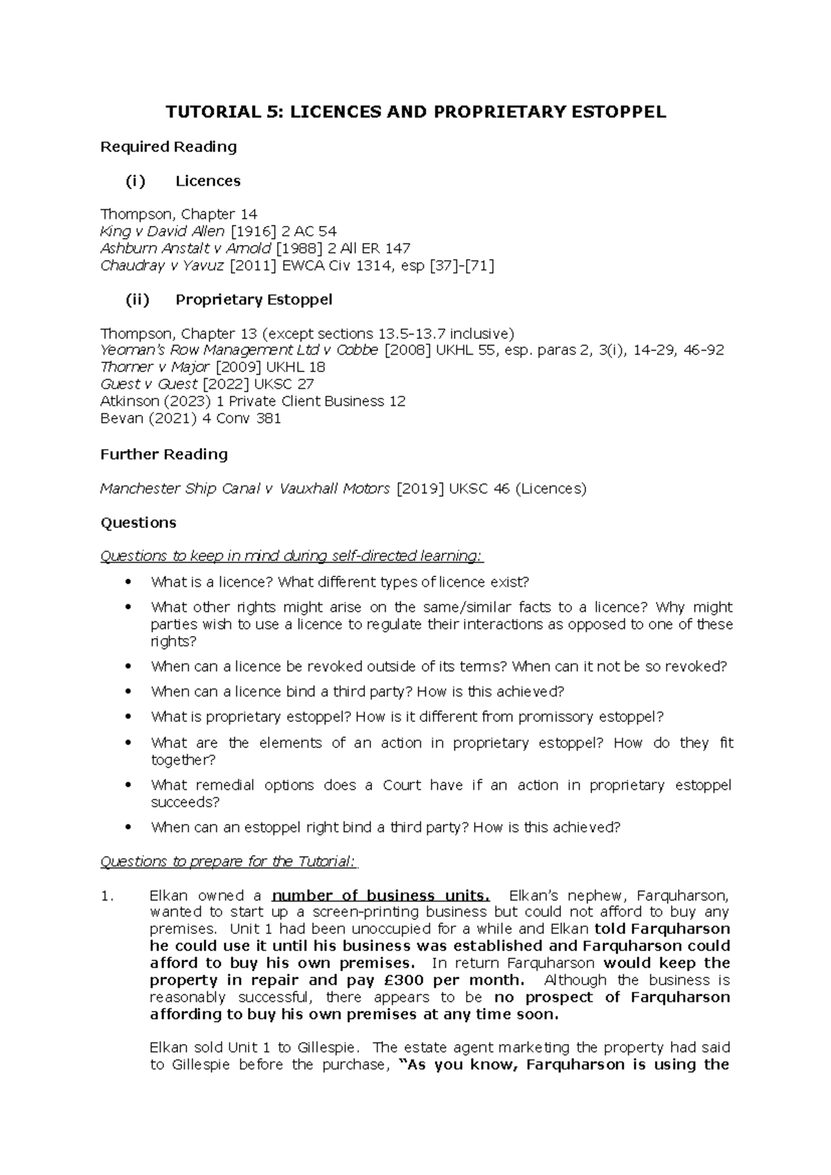T5: Licences and Proprietary Estoppel - Tutorial Notes - Studocu
