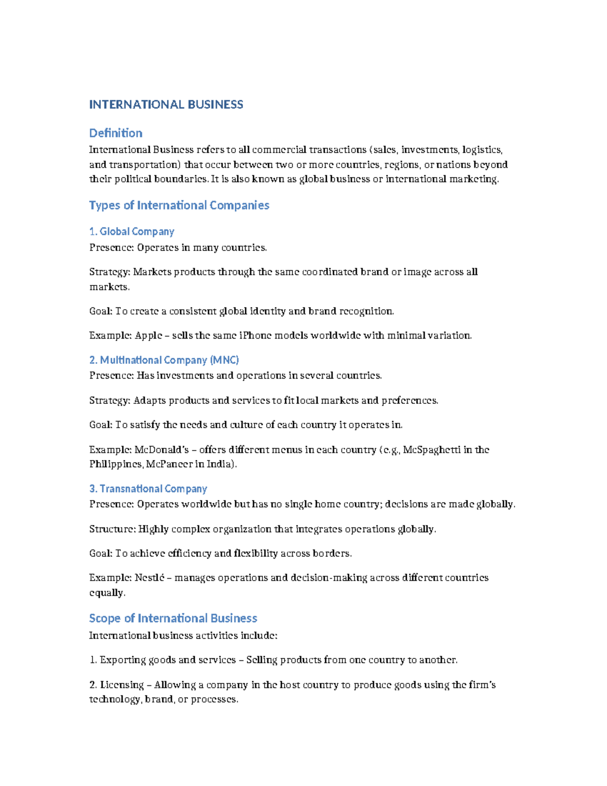 International Business Notes: Key Concepts & Types - Studocu