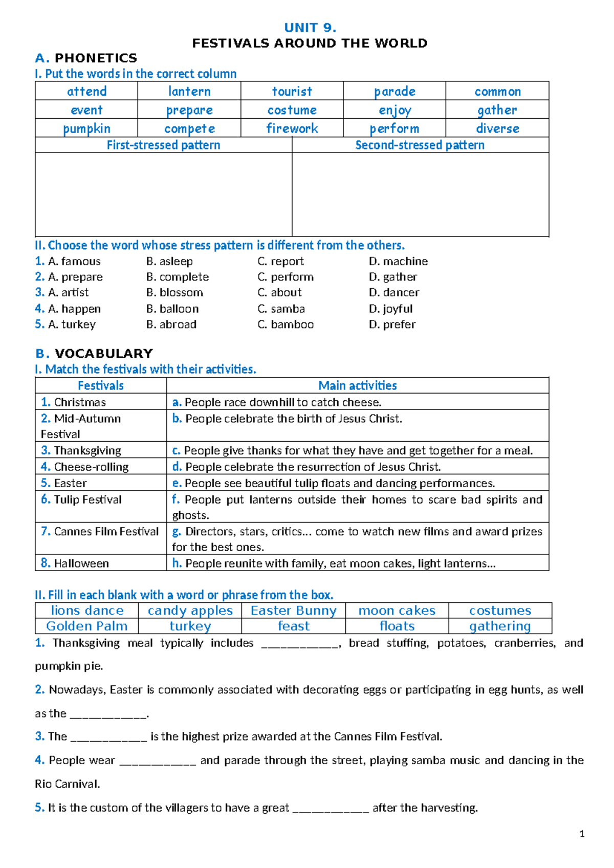 UNIT 9: FESTIVALS AROUND THE WORLD - PHONETICS & VOCABULARY NOTES - Studocu