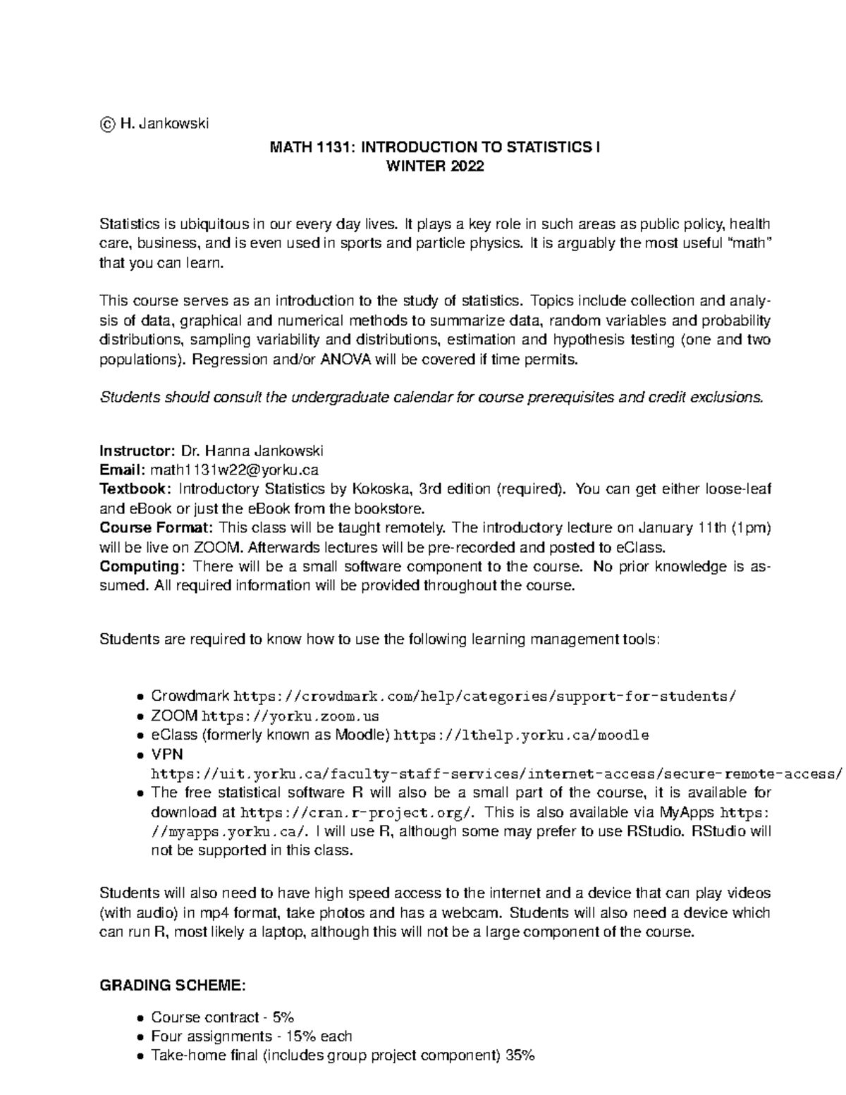 MATH1131: Winter 2022 Introduction to Statistics I Syllabus - Studocu