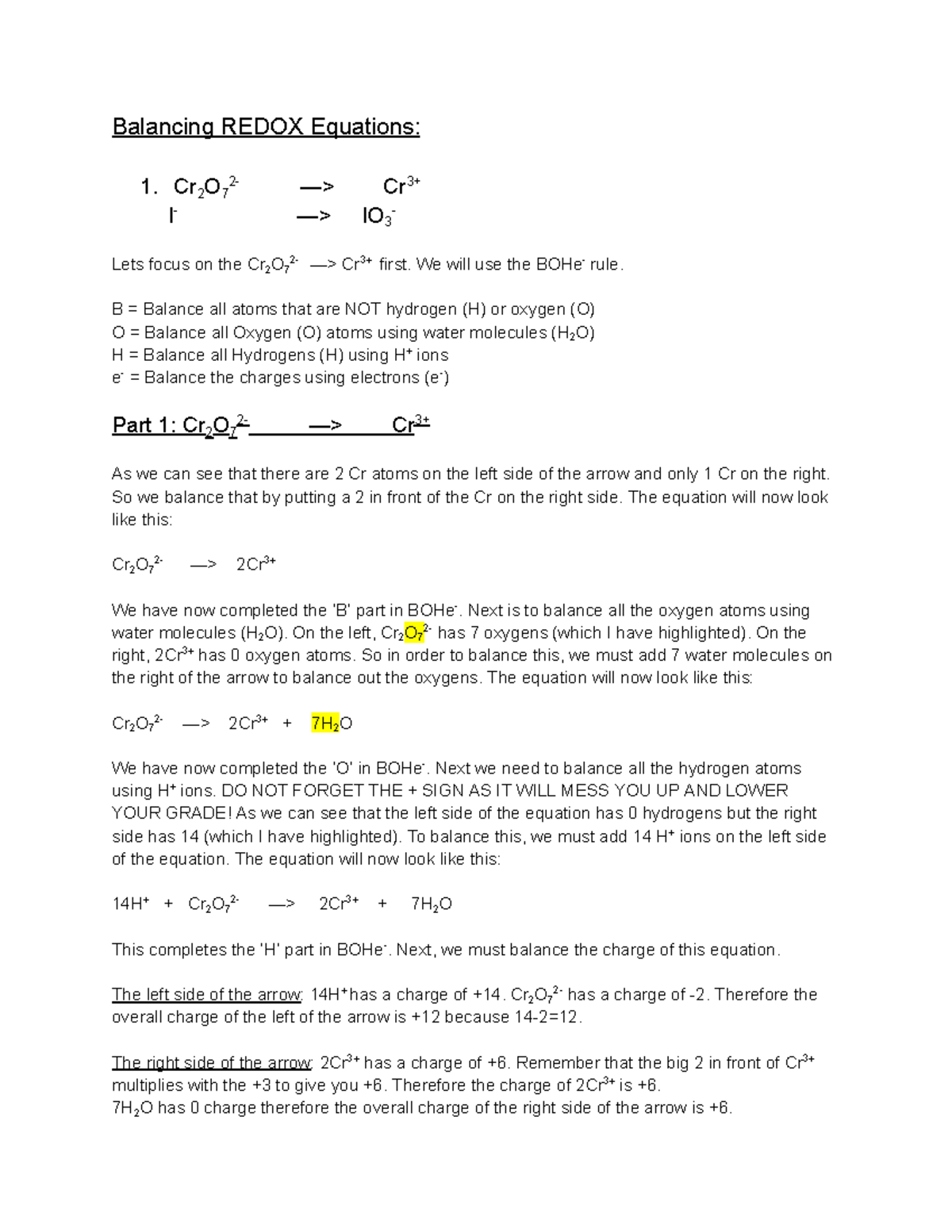 Balancing Redox Equations 1 - Balancing REDOX Equations: 1. Cr 2 O72 ...