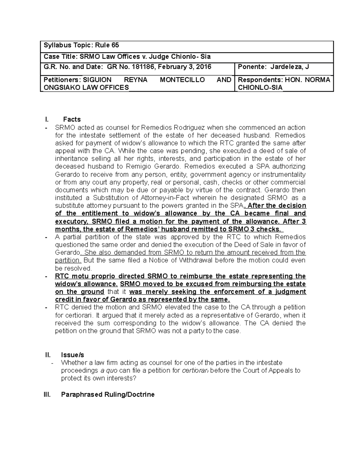 SRMO Law Offices v. Judge Chionlo-Sia: Rule 65 Case Analysis - Studocu