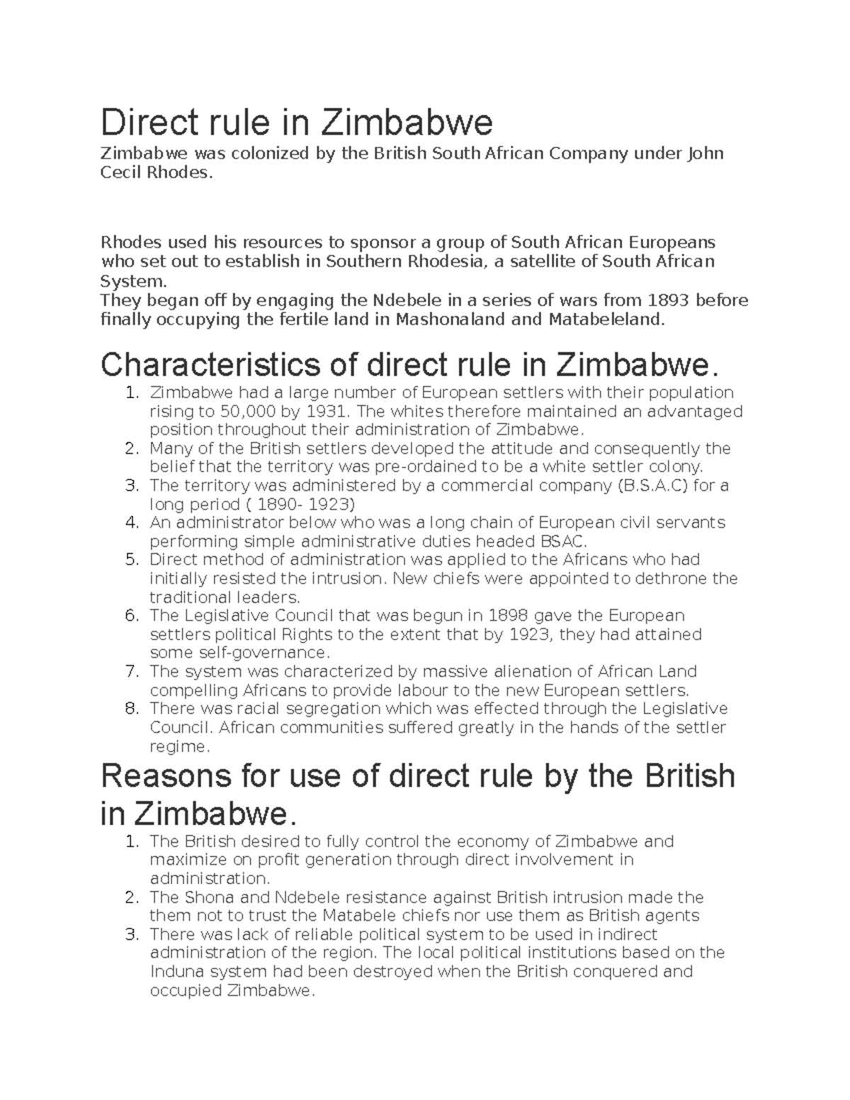 123 - history notes - Direct rule in Zimbabwe Zimbabwe was colonized by ...