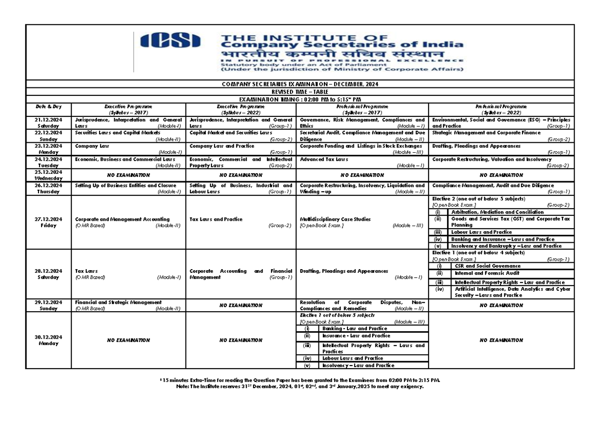 CS Revised Exam Time Table for December 2024 - Studocu