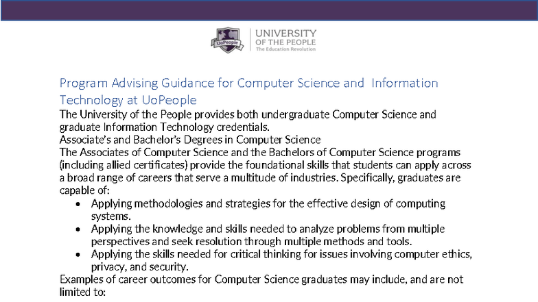 Program Advising Guidance for CS & IT at UoPeople - Studocu