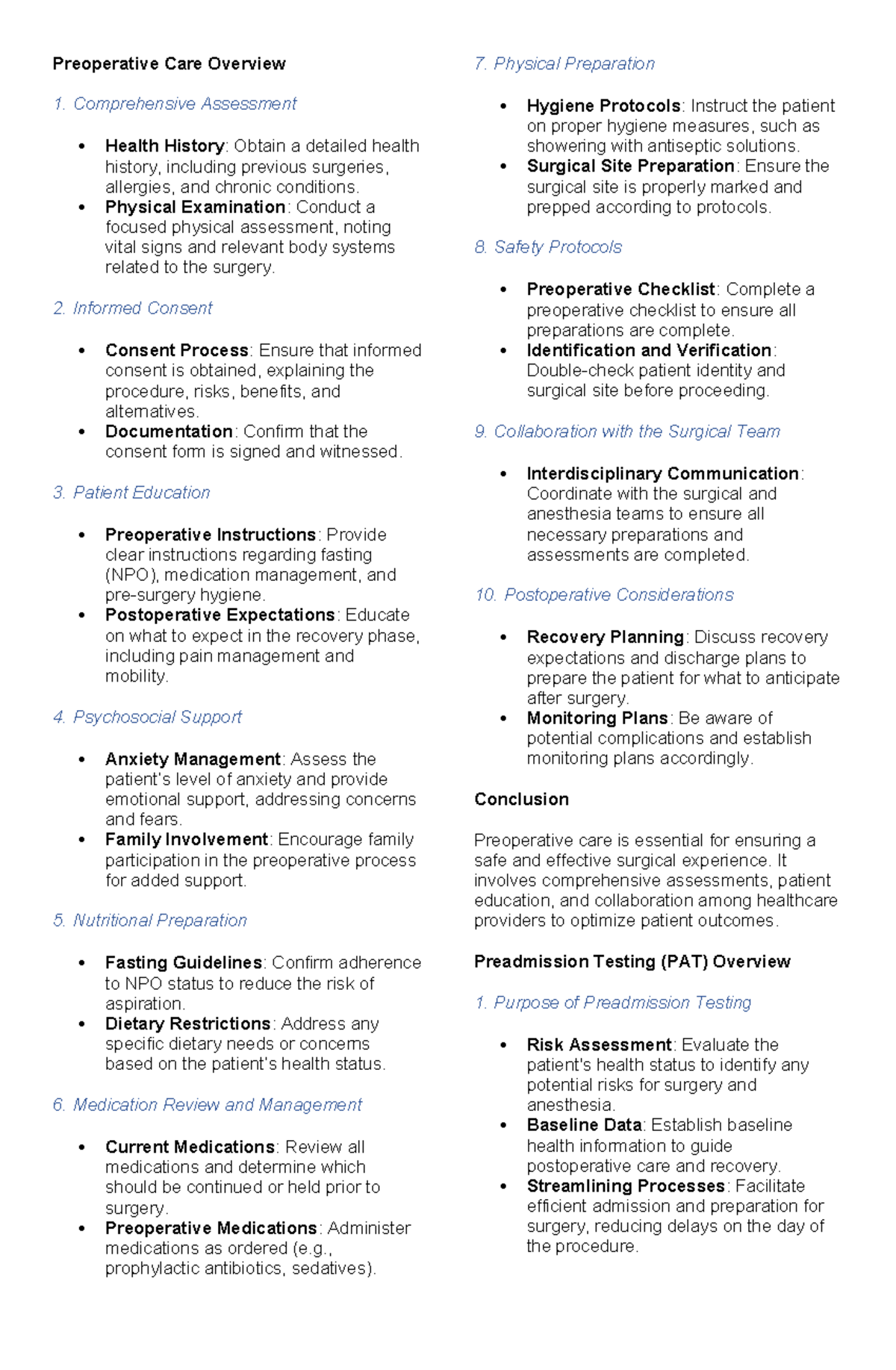 Comprehensive Overview of Preoperative Care and Testing Processes - Studocu
