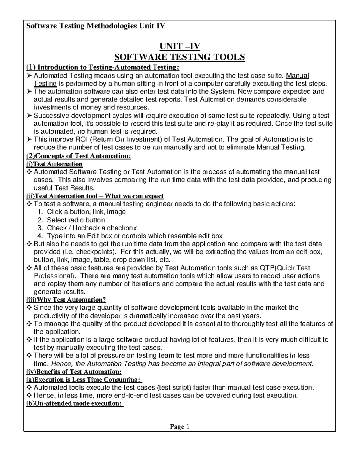 STM UNIT-6 - STM - UNIT – IV SOFTWARE TESTING TOOLS (1) Introduction to ...