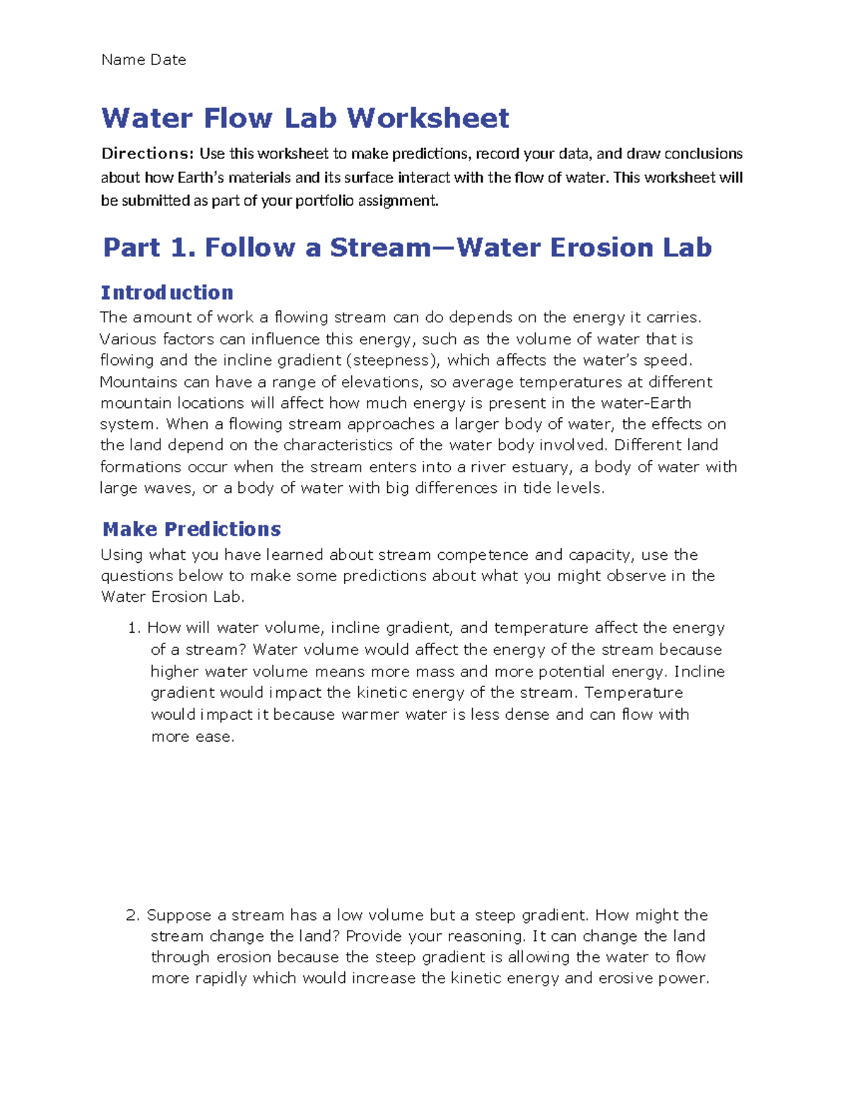 Geosphere Lab Worksheet: Predictions & Data on Water Flow Dynamics ...