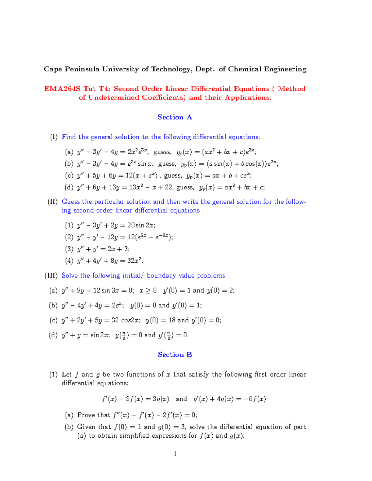 EMA264S Tut T4: Second Order Linear Differential Equations Solutions ...