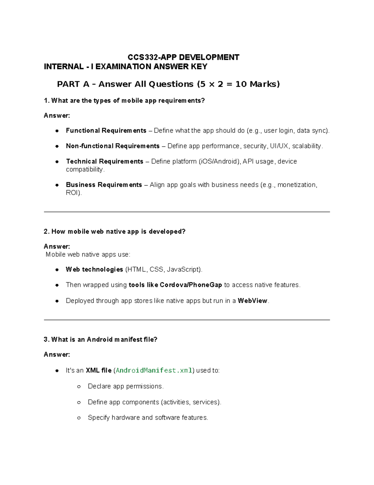 CCS332 - APP Development Internal I Exam Answer Key Part A & B - Studocu