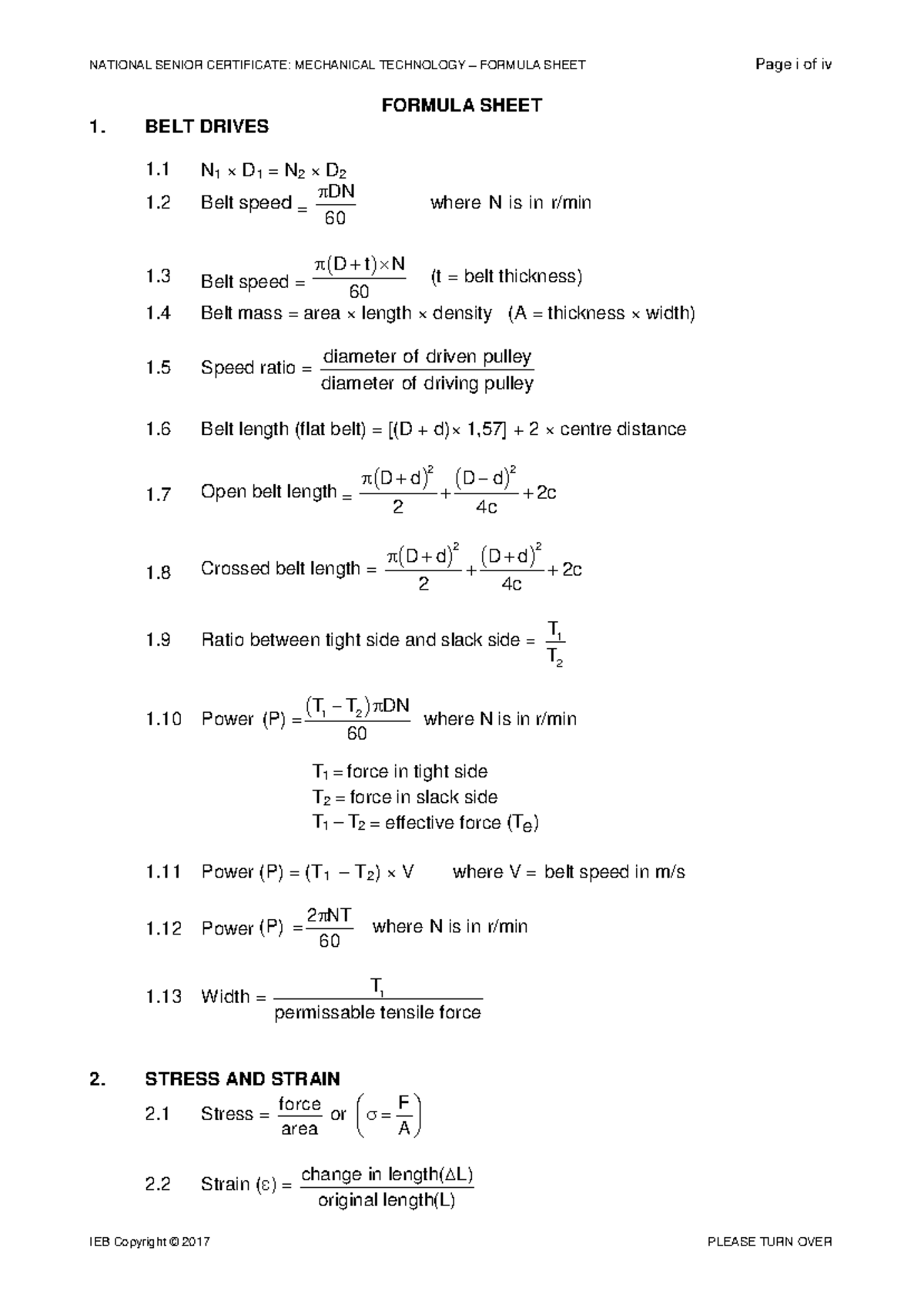 Mechanical Technology IEB NSC Grade 12 Past Exam 2017 Formula Sheet ...