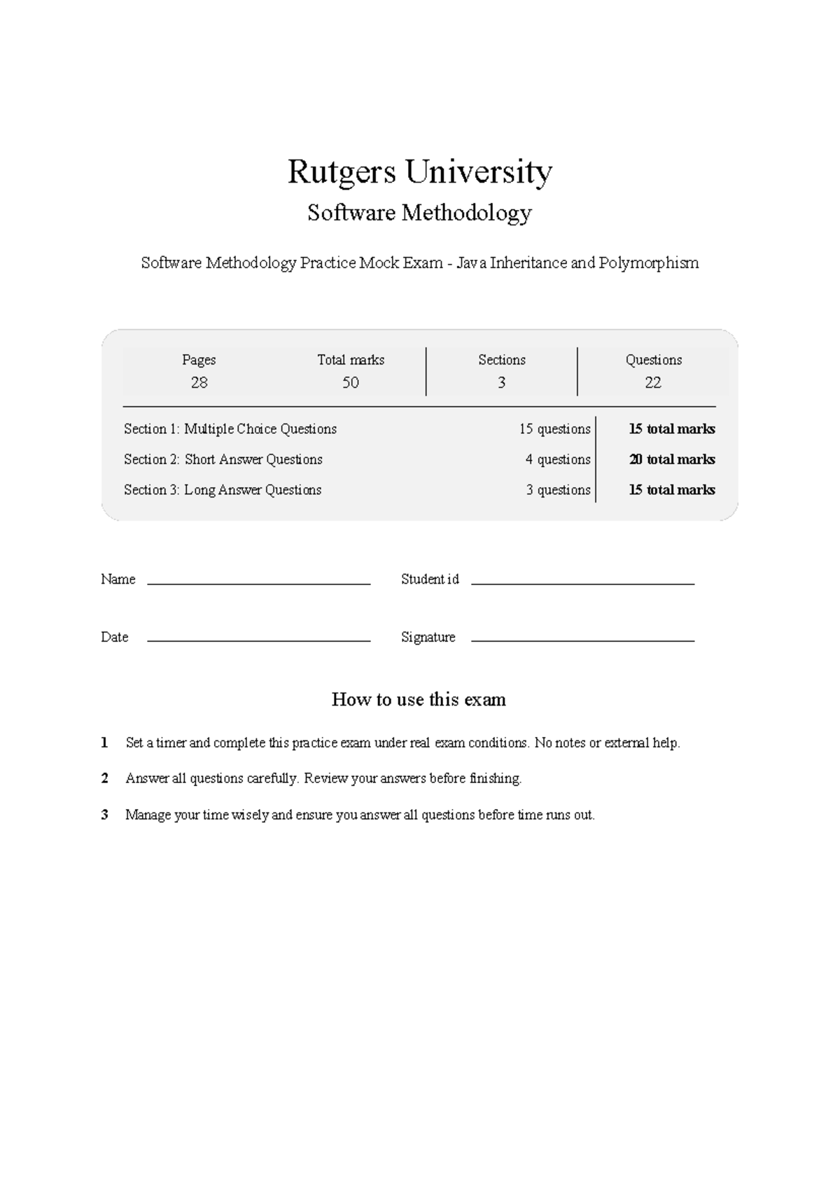 198:213 Software Methodology Practice Mock Exam on Java Inheritance ...