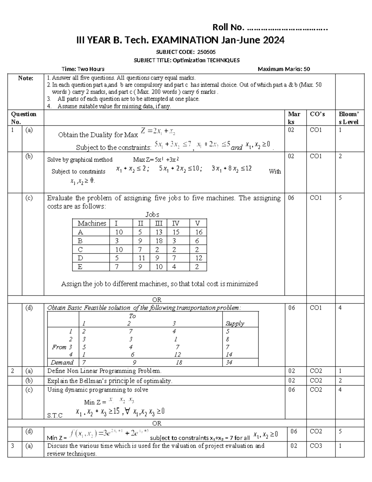 Optimization Techniques V Sem Exam Notes (250505) - Dec 2024 - Studocu