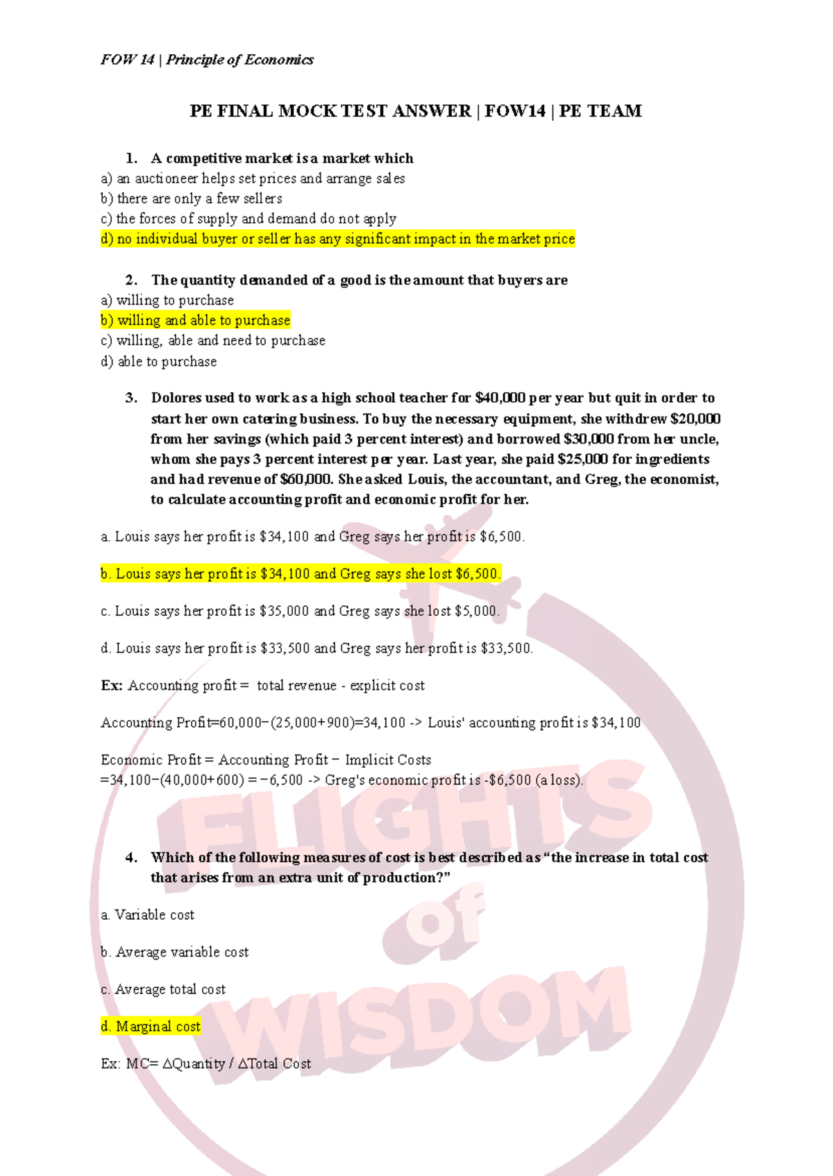 PE FOW 14 Principles of Economics Final Mock Test Answers - Studocu