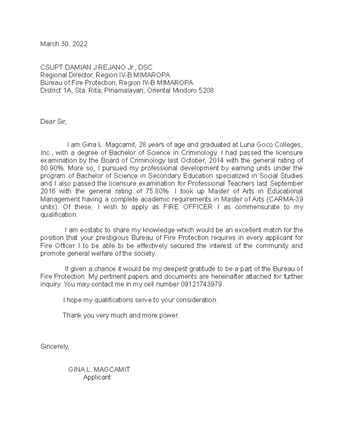 BFP Application Letter for Fire Officer I Position - Studocu