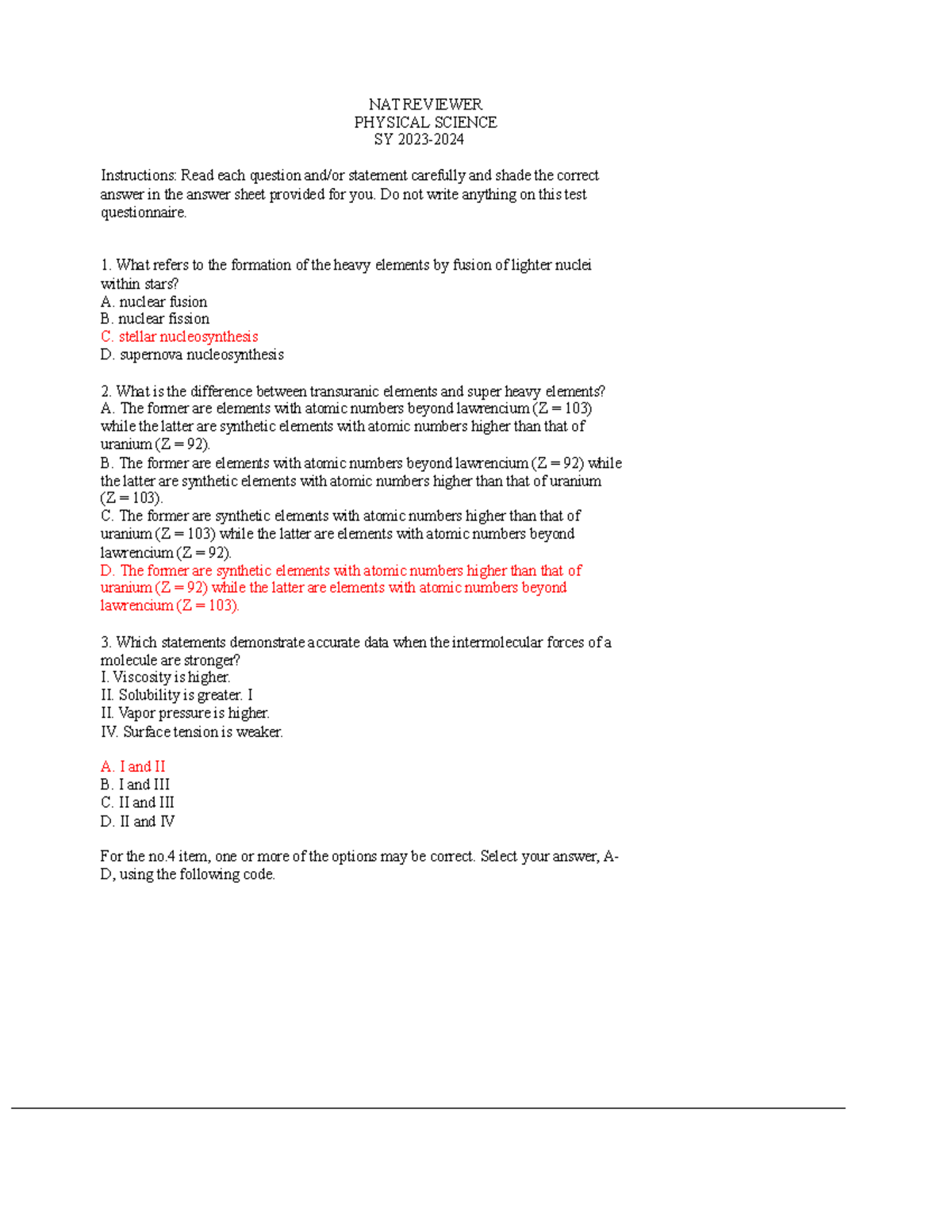 NAT REVIEWER PHYSICAL SCIENCE SY: Comprehensive Exam Questions - Studocu