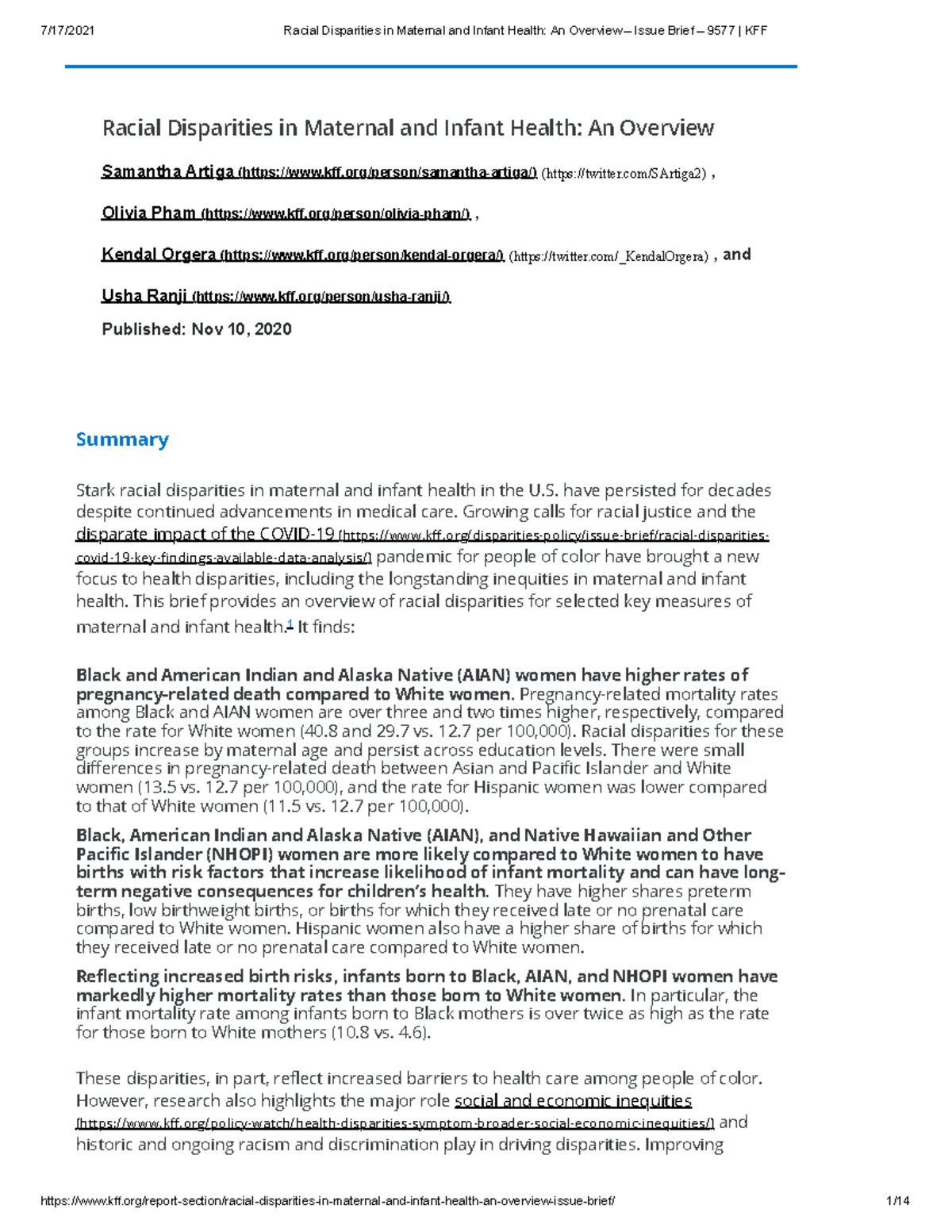 Racial Disparities in Maternal & Infant Health: Overview - Issue Brief ...