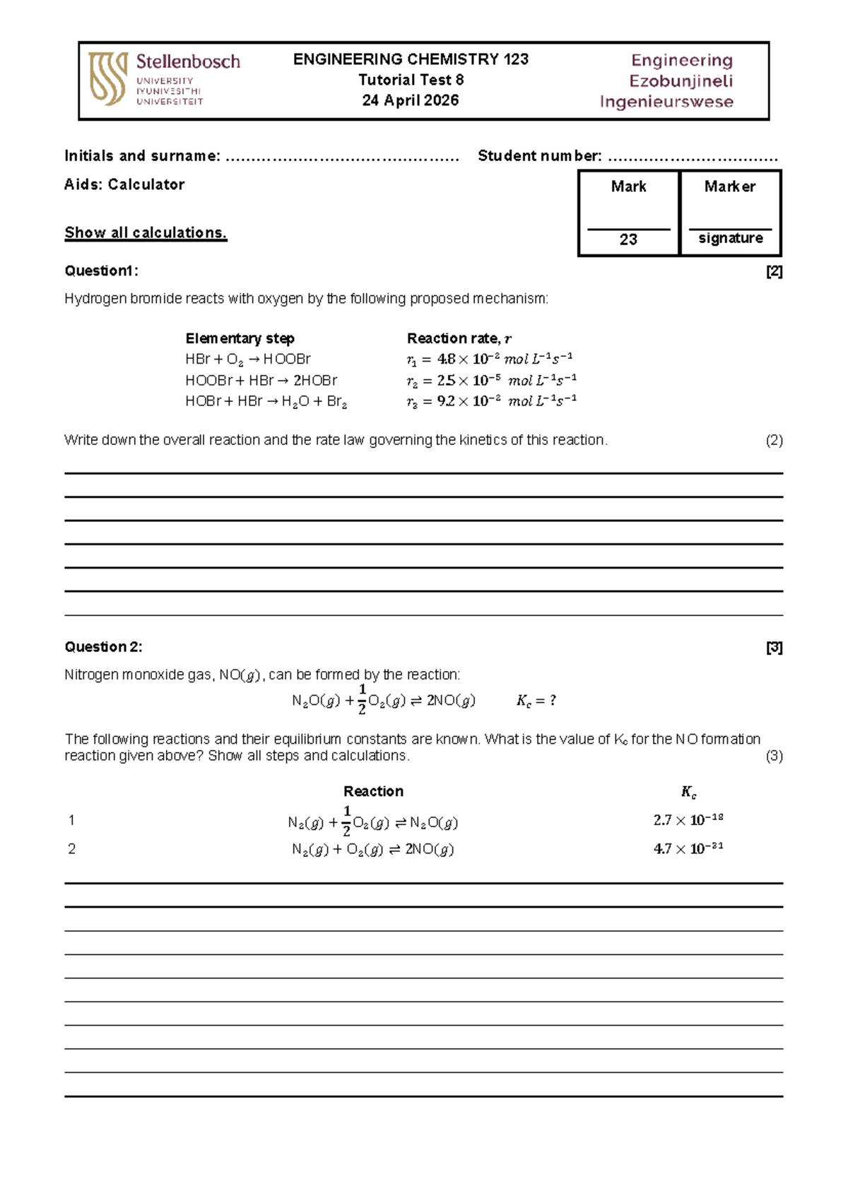 EC 123 Tutorial Test 8 - Engineering Chemistry 2026 - Studocu