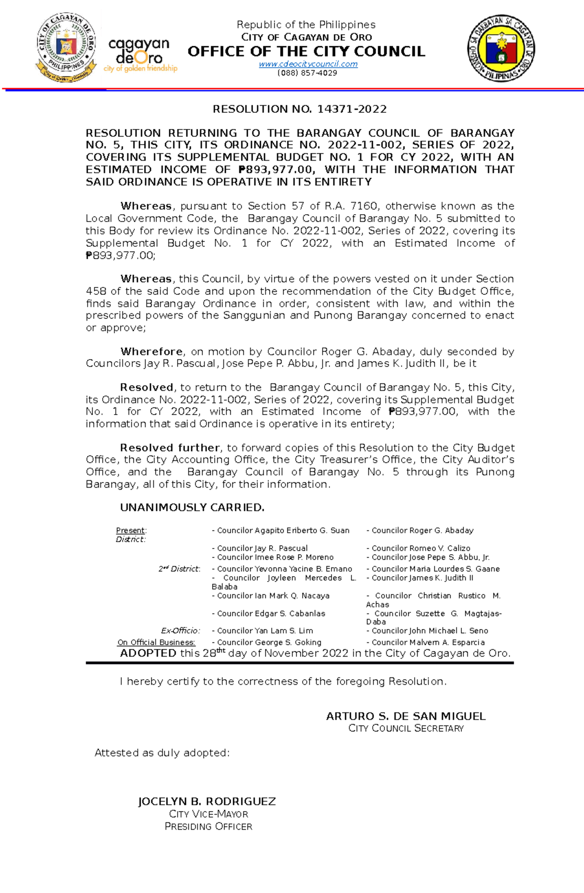 R14371-2022 (SB 1 2022 Barangay 5) - RESOLUTION NO. 14371- RESOLUTION ...