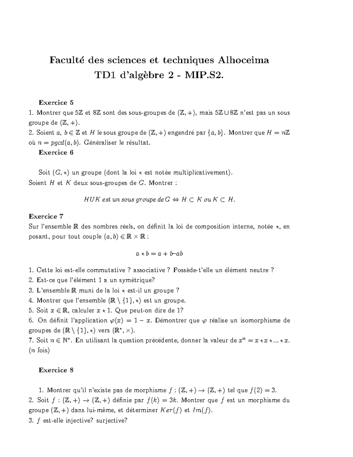 TD1 d’Algèbre 2 - Exercices et Sous-groupes - MIP.S2 - Studocu