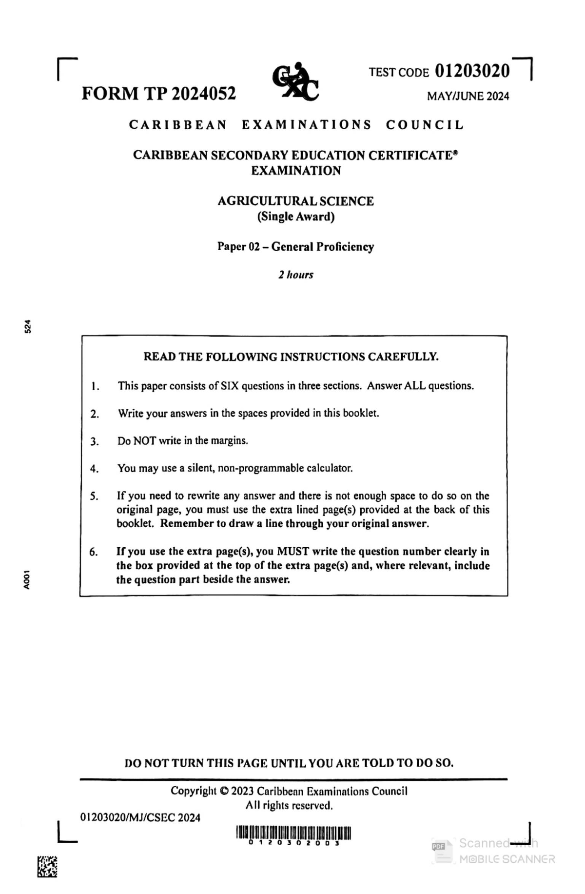 Agricultural Science CXC Past Paper 2 June 2024 - General Proficiency ...