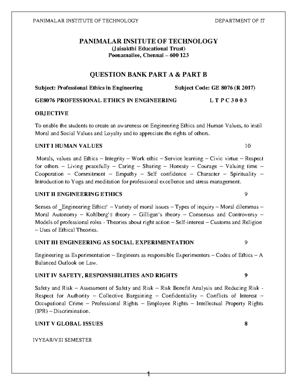 GE8076 - Professional Ethics in Engineering: Comprehensive Notes and ...
