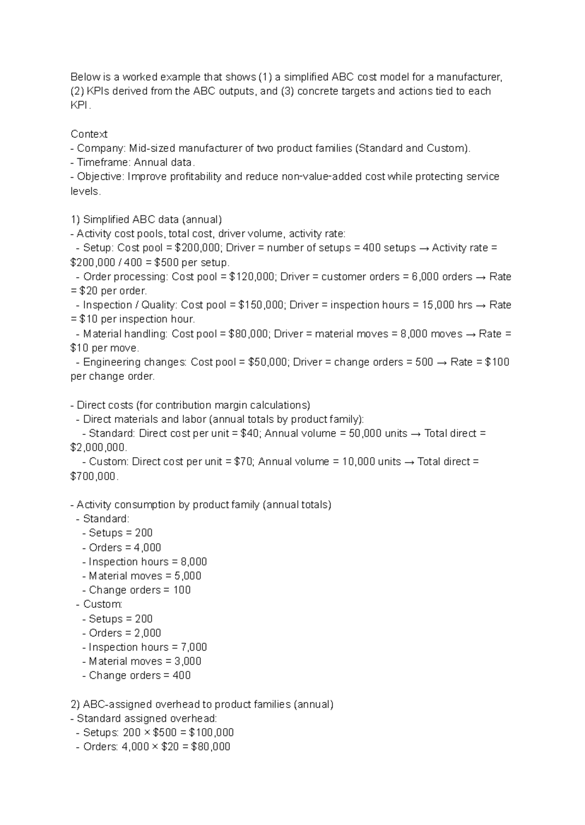 ABC Cost Model Analysis for Manufacturer: KPIs & Targets - Studocu